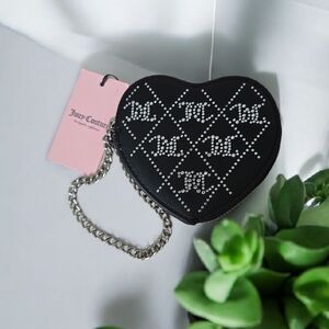 NEW Juicy Couture Black Liquorice Crystal Crush Heart Wallet Wristlet Zip 5"x5"